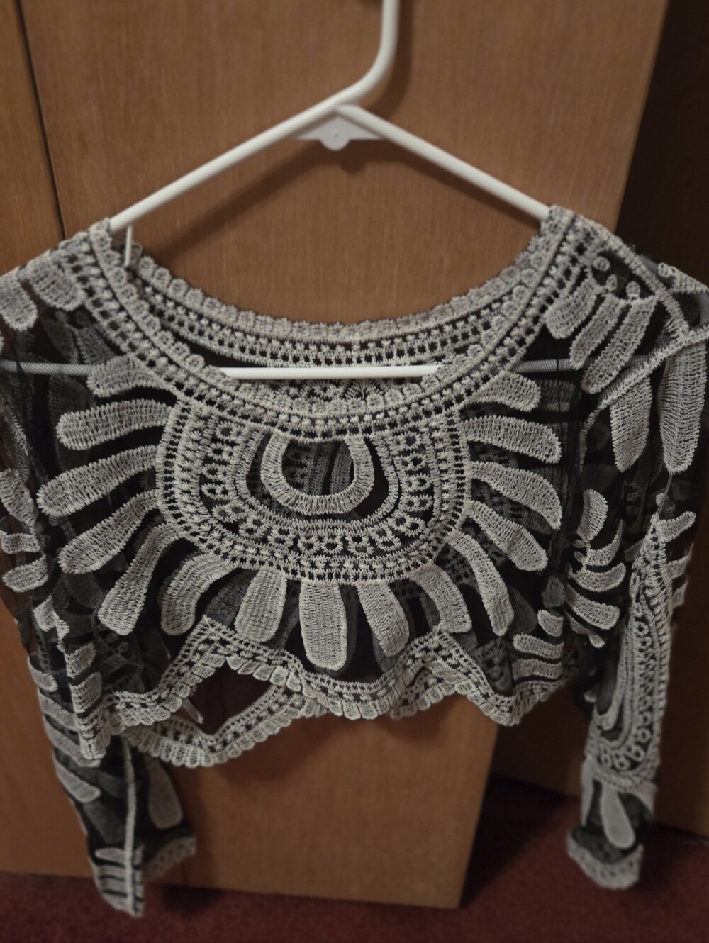 Black Crochet Lace Long-Sleeve Crop Top with Ivory Embroidery
